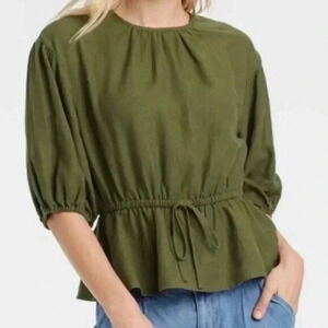 Feminine Linen Blend Puff Sleeves Boho Chic Cinch Waist Peplum Top Olive Green L